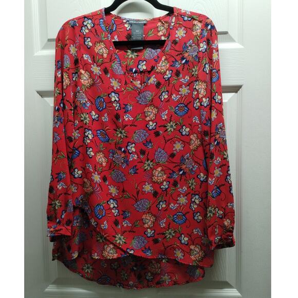 Chelsea & Theodore Women's Size Small Red Floral Long Sleeve V-Neck Tunic Top - Picture 2 of 9